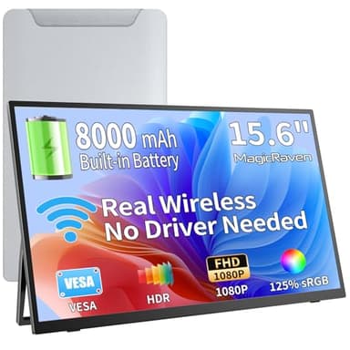 Wireless Portable Monitor with 8000mAh Battery- 15.6" 1080P IPS Second Screen for Travel/Office, AirPlay & Miracast Casting, Up to 5 hrs Use, No Cables or Drivers Needed, Works with Laptop/PC/Phone