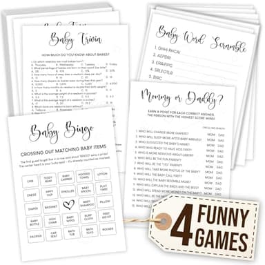 Woodamore Funny Baby Shower Games Gender Neutral - Baby Shower Bingo Game For Girl, Baby Bingo For Baby Shower Boy Decorations, Baby Word Scramble Guess Who Mommy Or Daddy, Fun Baby Trivia Cards