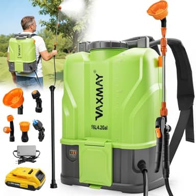 VAXMAY Battery Powered Backpack Sprayer 4.2 Gallon, 120 PSI Electric Garden Sprayer Compatible with DeWalt 20V Battery, Weed Yard Sprayer with 2 Wands, 5 Nozzles, 2.6 Ah Battery & Charger Included