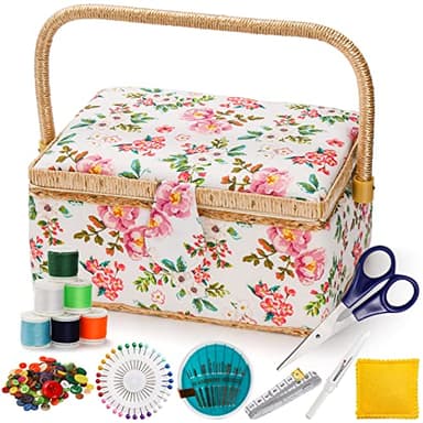 ZOOFOX Sewing Basket with Accessories, Wooden Sewing Kit Storage Box with Removable Tray, Vintage Sewing Kits Carrying Bag for Sewing Mending, Beginner, Professional, Floral Print, Gift for Christmas
