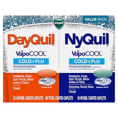 Vicks DayQuil and NyQuil VapoCOOL SEVERE Combo Cold & Flu + Congestion Medicine, Max Strength Relief For Fever, Sore Throat, Nasal Congestion, Sinus Pressure, Cough, 48 Count - 32 DayQuil, 16 NyQuil