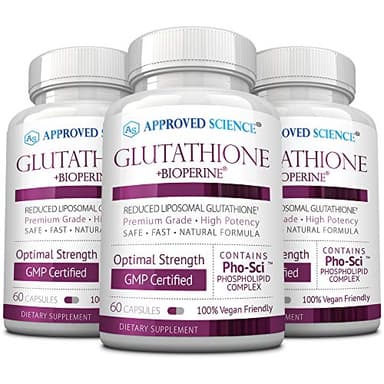 Approved Science® Glutathione - 500 mg - Phospholipid Complex, Vitamin C, Bioperine - Top Antioxidant to Help Neutralize Free Radical - Vegan Friendly - 60 Capsules per Bottle - 3 Bottles