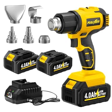 FULLYEA Heat Gun Cordless, 550℃ Fast Heating Gun, 2-Temperature Setting, Portable Hot Air Guns with 2 * 4.0Ah Batteries & 5 Nozzles, Handheld Small Heat Gun Kit for Shrink Tubing, Crafting (Yellow)