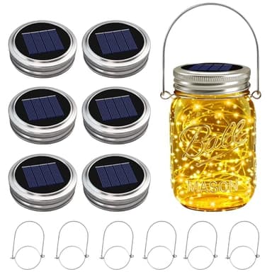 6 Pack Solar Mason Jar Lights for Outside, 30 LED Solar Mason Jar Lids Fairy Lights with 6 Hangers(No Jars) Outdoor Waterproof for DIY Patio Garden Yard Lawn Party Wedding Decoration Warm White