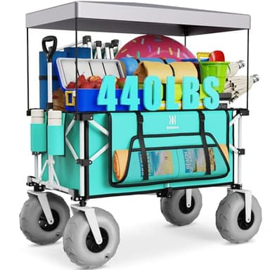 Navatiee Beach Wagon with Big Balloon Wheels for Sand, 200L Extra Large Beach Cart with Canopy, 440Lbs Heavy Duty Folding Wagon Collapsible with 9" Tires & Side Pocket for Beach, Outdoor, Light Blue