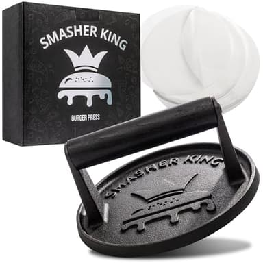 SMASHER KING™ - Premium Cast Iron Smash Burger Press incl. 25 pcs of Patty Paper, Burger Smasher for Griddle with Black Wood Handle, Perfect Hamburger Press