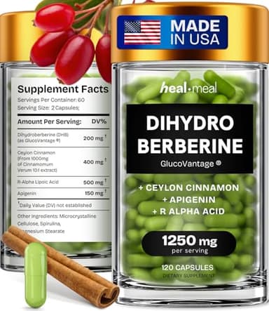 HealMeal Dihydroberberine Supplement - Dehydro Berberine Organic - Super Berberine Supplement with Ceylon Cinnamon & R Alpha Lipoic Acid & Apigenin - Hydroberberine 120 caps (1 Pack)