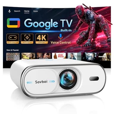 4K Projector with Google TV:3000 Brightness/Auto Lens Cap & 4D Keystone/Auto Focus & AI Voice Control, Sovboi Portable Outdoor Projector with WiFi & Bluetooth, Smart Movie Proyector for Streaming Apps