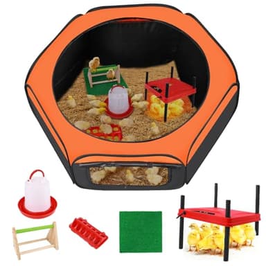 Brooder Box for Chick, 6-in-1 Chick Starter Kit, Includes Brooder Heating Plate, Baby Chicken Pen, Chicken Feeder, Waterer, Perch, Nesting Pad (Brooder Set)