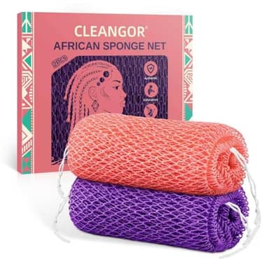 Cleangor 2Pcs African Net Sponge Authentic with Knots - Exfoliating Body Scrubber for All Skin Types, African Bath Sponge, Wash Cloth, Gentle Exfoliation Shower Rag for Women Daily Use(Pink & Purple)