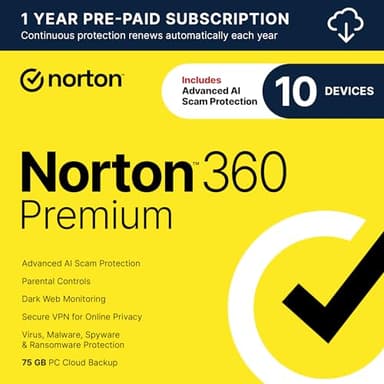 Norton 360 Premium 2026 Ready, Antivirus software for 10 Devices with Auto-Renewal – Includes Advanced AI Scam Protection, VPN, Dark Web Monitoring & PC Cloud Backup [Download]