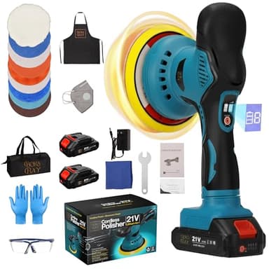 BOKA BAY Cordless Car Buffer Polisher Kit 6 Inch with 21V 2x2000mAh & 9 Pcs Attachments, Car Polisher with 8 Variable Speed 2800-6000RPM, Orbital Polisher for Detailing, Sanding, Scratch Removing