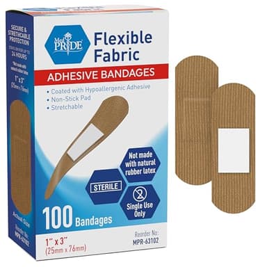 MED PRIDE Hypoallergenic Latex Free Fabric Adhesive Bandages, Nonstick Pad, Sterile, Individually Wrapped (1'' x 3'' - 100 Count)