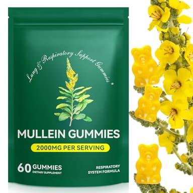 Mullein Gummies for Lung Detox, 2000mg Mullein Leaf Extract for Respiratory & Digestive & Immune Support, Organic Mullein Herb Supplement for Mucus Relief for Respiratory, Immune, Vegan 60 Gummies