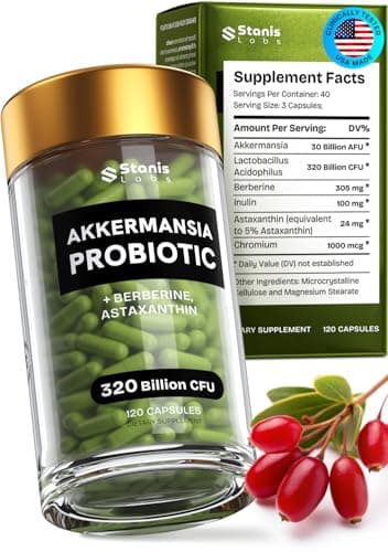 Akkermansia Muciniphila Probiotics 320 Billion CFU| Probiotic and Prebiotic | Akkermansia Probiotics for gut health | Inulin Prebiotic Fiber Capsules Astaxanthin & Berberine & Chromium | 120 capsules
