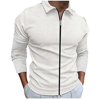 Mens Long Sleeve Zipper Shirts Waffle Slim Fit Stretch Solid Lapel Collar Polo Shirt Spring Fall Casual Buisness Athletic Golf Tennis Sport Shirt Top White