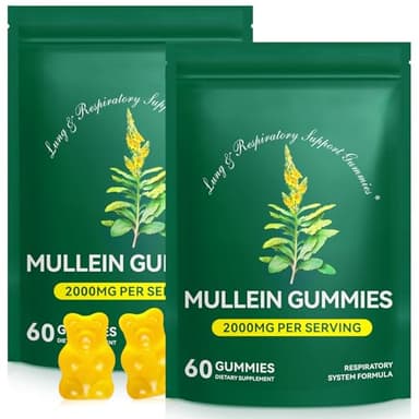 Mullein Gummies for Lung Detox, 2000mg Mullein Leaf Extract for Respiratory & Digestive & Immune Support w/Quercetin, Bromelain, Elderberry & Marshmallow, Vegan 120 Gummies (2 packs 120 gummies)