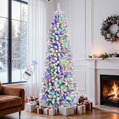 SHareconn 7ft Pencil Christmas Tree, Snow Flocked Artificial Hinged Xmas Tree with Warm White&Multi-Color Lights and Remote Control, Good Decorations Choice for Christmas Holiday, 7 FT, Flocked Green