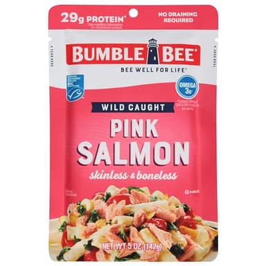 Bumble Bee Skinless & Boneless Pink Salmon, 5 oz Pouch - Premium Wild Caught Salmon for Snacks, Sandwiches & Recipes - 29g Protein per Serving - Gluten Free, Kosher, MSC Certified