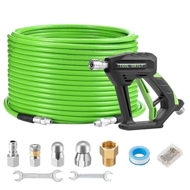 Tool Daily Sewer Jetter Kit for Pressure Washer 100 FT, Short Power Washer Gun, Drain Cleaner Hose 1/4 Inch NPT, Corner, Rotating and Button Nose Sewer Jetting Nozzle, 3600 PSI
