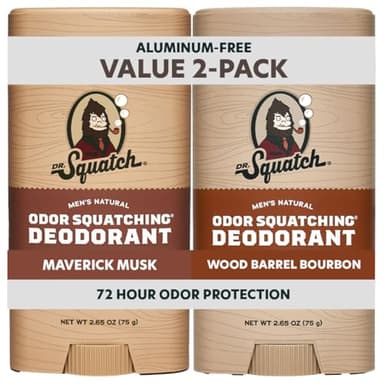 Dr. Squatch Natural Men’s Deodorant – Aluminum Free Natural Deodorant Men with Charcoal & Postbiotics for 72-Hour Odor Protection – Maverick Musk + Wood Barrel Bourbon, 2.65oz Stick (2-Pack)
