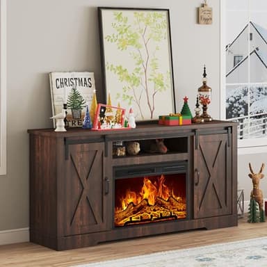 AMERLIFE Fireplace TV Stand with Sliding Barn Door for TVs up to 73", Farmhouse 63" Fireplace Entertainment Center with Storage Cabinets/Adjustable Shelves, Reclaimed Barnwood