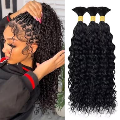 Human Braiding Hair 3 Bundles/Pack 150g Curly Water Wave Bulk Hair for Braiding No Weft 10A Brazilian Virgin Human Braiding Hair for Boho Braids Wet and Wavy Braids Extensions (16 16 16inch)