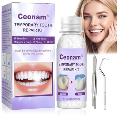 1.0oz / 30ml Moldable Tooth Repair Kit with Stainless Steel Tweezers and Dental Pick, Temporary Tooth Replacement Thermal Beads for Broken or Missing Teeth, Denture Repair, and DIY Oral Care