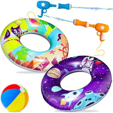 FindUWill 2 Pack Pool Floats with 2 Water Guns Kids and 1 Beach Ball, Inflatable Pool Swim Tubes, Pool Floaties Toys Inner Tube with Squirt Guns for Kids Ages 8-12, Beach Swimming Party Toys