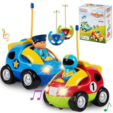 Prextex 2 Pack Cartoon Remote Control Cars for Toddlers - Police Car and Race Car with Steering Wheel Controllers and Lights - Different Frequencies So Both Can Race Together - Toddler Gift 18+ Months
