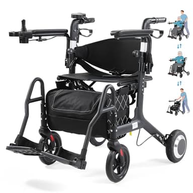 5 in 1 Electric Wheelchair Rollator Combo for Adults, Lightweight Foldable Transport Power Wheelchair with Seat, 4-Level Power Assist Rollator Walker with Anti-Fall Detection for Seniors, Black