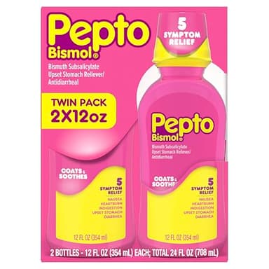 Pepto Bismol Liquid, Upset Stomach Relief, Nausea Relief, Heartburn Relief, Indigestion Relief, Anti Diarrhea Medication for Adults - 5 Symptom Fast Relief, 2x12 oz (Packaging May Vary)