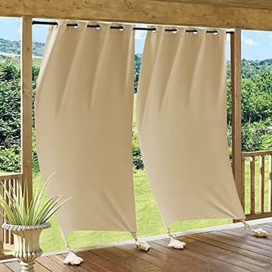 RYB HOME Outdoor Curtains Windproof - Weighted Bags Attached Blackout Drapes 84 inches Long, Waterproof Thermal Indoor Outdoor Curtains for Pool Shower Bedroom Patio, 2 Pcs, W 52 x L 84, Beige