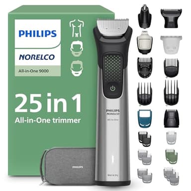 Norelco Philips All-in-One 9000 Series 25-Piece Trimmer - Electric Shaver and Clipper for Face, Beard, Head & Body, Self-Sharpening Full Metal Blades, 27 Length Settings (0.5-20 mm), MG9580/40