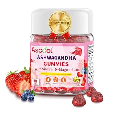 Ascool Ashwagandha Gummies for Stress Support & Relaxation with Magnesium + Vitamin D – 90 Count Sugar-Free, Vegan Ashwa Supplements