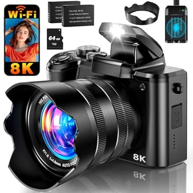 8K Digital Camera, 88MP WiFi Cameras for Photography with 3.2" Touchscreen, 16X Zoom Autofocus Professional Dual Camera, Anti-Shake, 2 Batteries & Charging Stand, 64GB Card, Flash, Lens Hood