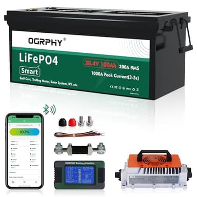 OGRPHY 36V Lithium Battery, 3.84KWh Golf Cart Batteries with 200A BMS, 25A Lifepo4 Battery with Charger, 1000A Peak Current Perfect for Golf Cart, Solar, Trolling Motor(100AH)