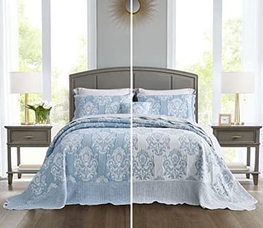 HZ & HY Oversized King Bedspread 138x122 Extra Wide, Jacquard Matelasse Damask Pattern Design, Lightweight, Reversible, 5 Piece, 100% Microfiber, California/Alaskan King, Wathet Blue