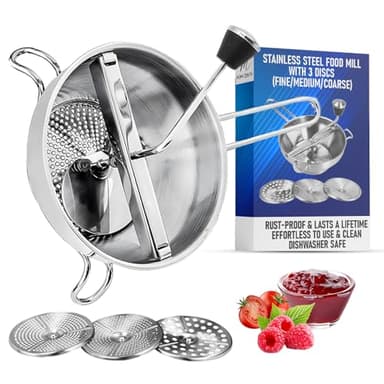 304 Stainless Steel Food Mill – Heavy‑Duty Hand Crank with 3 Discs (Fine/Medium/Coarse) – Ideal for Applesauce, Tomato Sauce, Mashed Potatoes & Baby Food – Fits Most Pots, Dishwasher Safe.