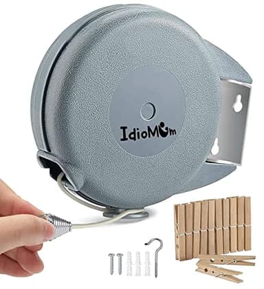 Idiomum Retractable Clothesline Indoor Outdoor Heavy Duty 40 Feet - PVC Clothes Line Retracting - Clothesline with Wall Mount - Retractable Laundry Line for Drying Clothes with 12 ClothesPins