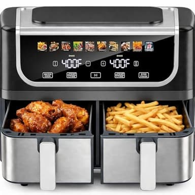 Simple Deluxe 9.5-Qt Dual Basket Air Fryer, 10-in-1 Digital Preset 1700W Airfryer, Sync Cook, Independent Temp Control, Shake Reminder, Nonstick Basket, Black