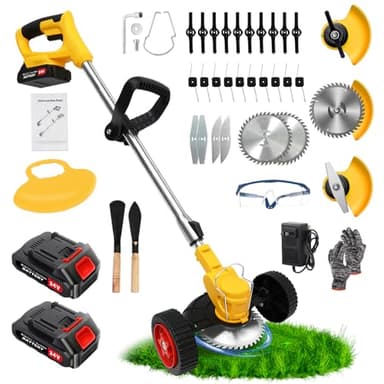 24V Electric Weed Wacker Cordless Grass Trimmer with 2x2000mAh Batteries & Fast Charger, 3 in 1 Stringless Lightweight Brush Cutter/Edger/Mower with 3 Types Blade & Wheels for Garden and Yard Lawn
