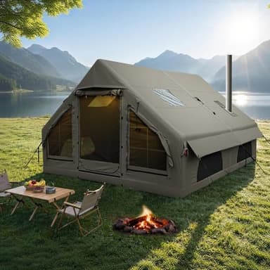 Luxury Inflatable Camping Tent,Wind & Rain Resistant,Breathable & Durable Wear-Resistant Fabric,Built-in Stove Jack,Fast Setup with Pump,All-Season Ready,Dual Doors,Mosquito-Proof Mesh Windows