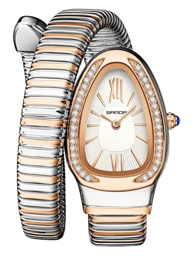Gosasa Stylish Women's Snake Shape Bangle Watch Unique Design Snake Coil Elegant Dress Diamond Bracelet Ladies Quartz Wristwatch with Roman Numerals Dial