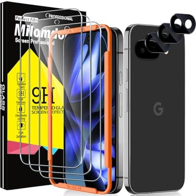 Milomdoi 3 Pack Tempered Glass for Google Pixel 9A Screen Protector with 3 Pack Camera Lens Protector, Ultra 9H Accessories [Support Fingerprint Unlock] Case Friendly, Mounting Frame