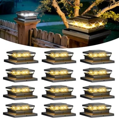 Solar Post Cap Lights 12 Pack, Fence Post Solar Lights, Warm White/Cool White Lighting, Black Waterproof Outdoor Post Lights for Garden Patio Porch, 4x4, 5x5 or 6x6 Vinyl/Wooden Posts