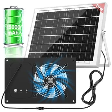Solar Powered Fan with 15000mAh Battery & Timer, 25W 3500RPM High-Speed Solar Exhaust Fan, Low Noise Waterproof Ventilation for Chicken Coop, Greenhouse, Shed, Pet House & Window