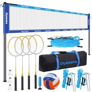 Olybeaka Outdoor Volleyball Badminton Combo Set with Net, Anti-Sagging Design, 4 Badminton Rackets, 3 Birdies and PU Volleyball for Backyard Lawn Beach (Deep & Light Blue Colorblock)