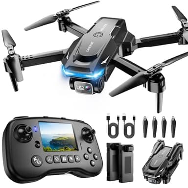 Drone with Camera - Drone with Screen on Controller for Beginners, Foldable Remote Control Quadcopter with Gesture Control, 3D Flip, One Key Start, Emergency Stop, 2 Batteries, Easier to use