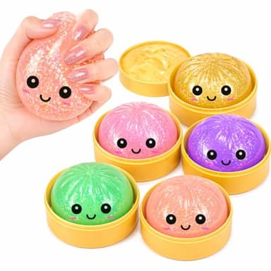 Glitter Dumpling Squishy Mystery Box - 100% Rare Hidden Edition Included, 5 Shiny Colors, 4 Random Unique Pieces, US Toy Safety Certified